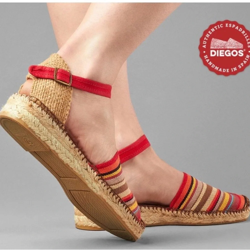 Diegos Handmade in Spain Striped Canvas Espadrille Wedge Sandals Size 39 US 8.5